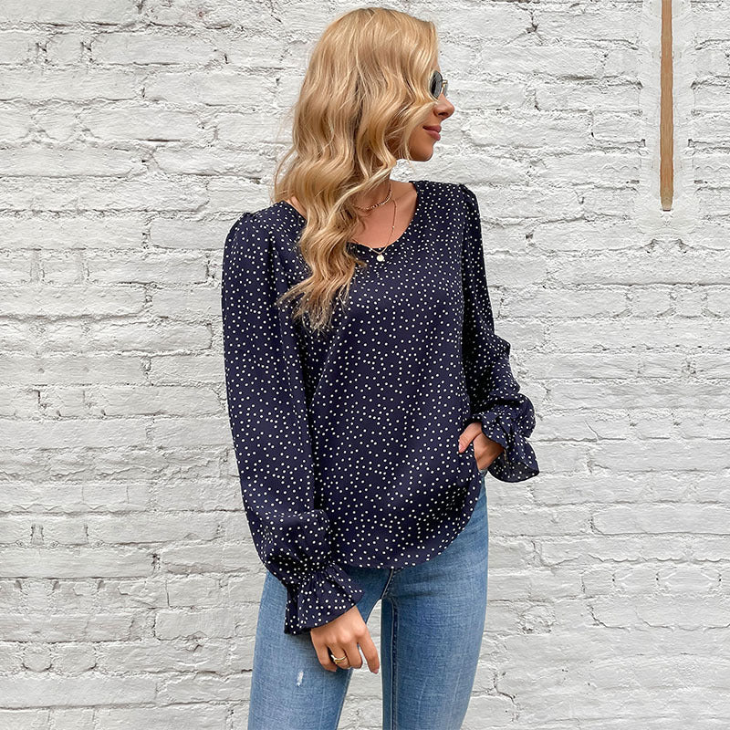 New Retro Women's Long-Sleeved Slim-Fit Round Neck Leopard Print Blue Shirt