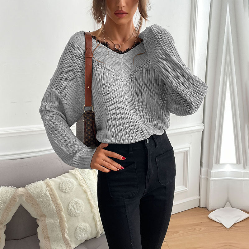 Autumn New Women's Stitching Lace Pullover Solid Color Knit Sweater Women