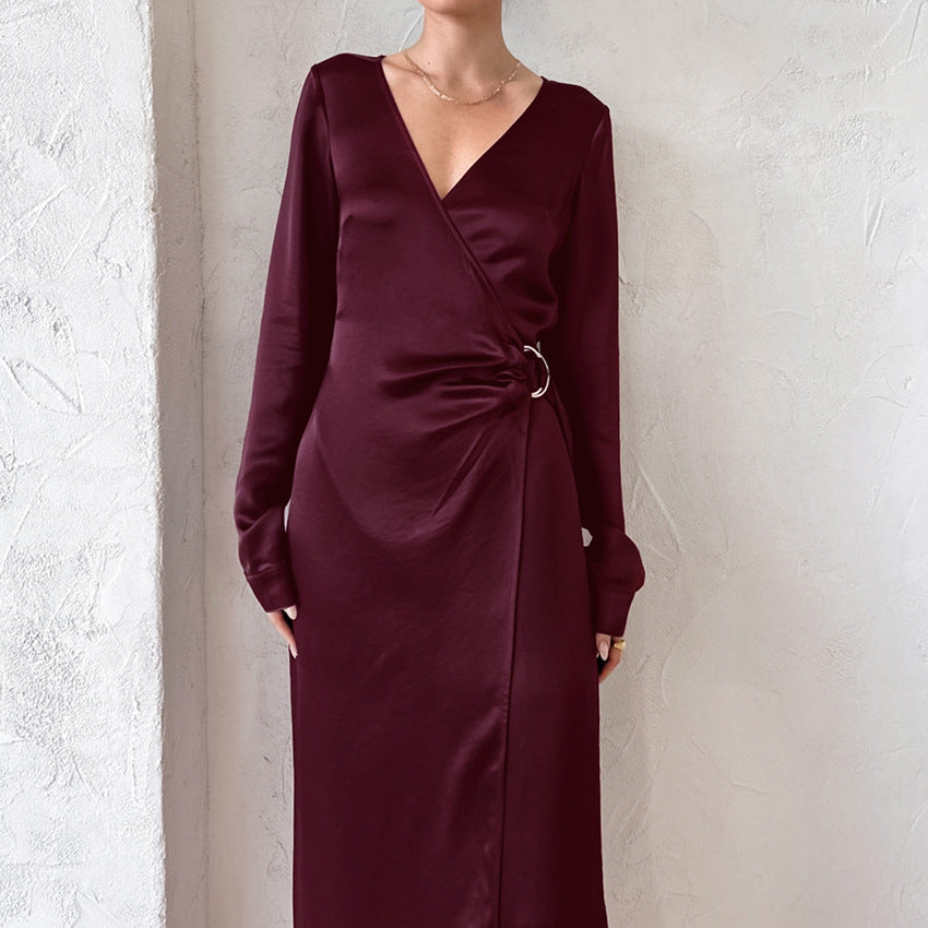 Burgundy Thin Soft Matte Color T-Neck Wrap Dress New Autumn Fashion Dress