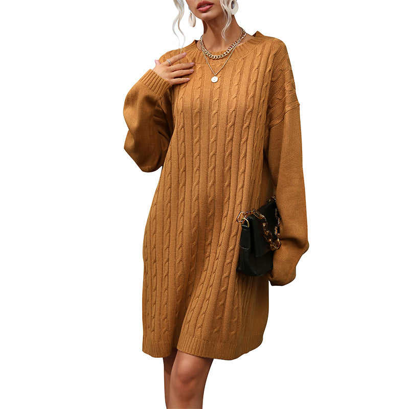 Knit Solid Color Long Sleeve Sweater Dress with Round Neck and Hemp Pattern
