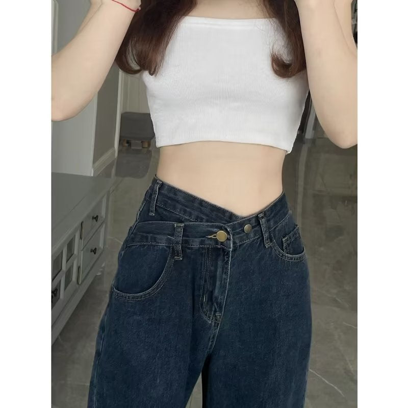 Blue Gray High Waist Wide Leg Jeans Women's New Autumn Cross Waist Small Loose Full Straight Leg Mop Pants