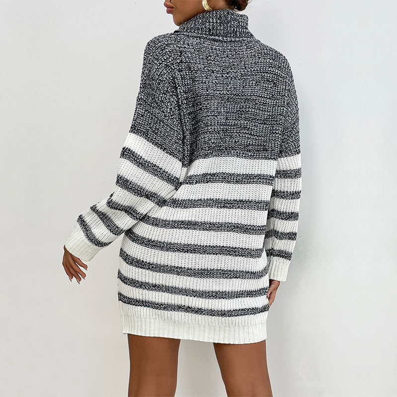 Women's Loose Patchwork Color Turtleneck Dress (Belt Not Included)