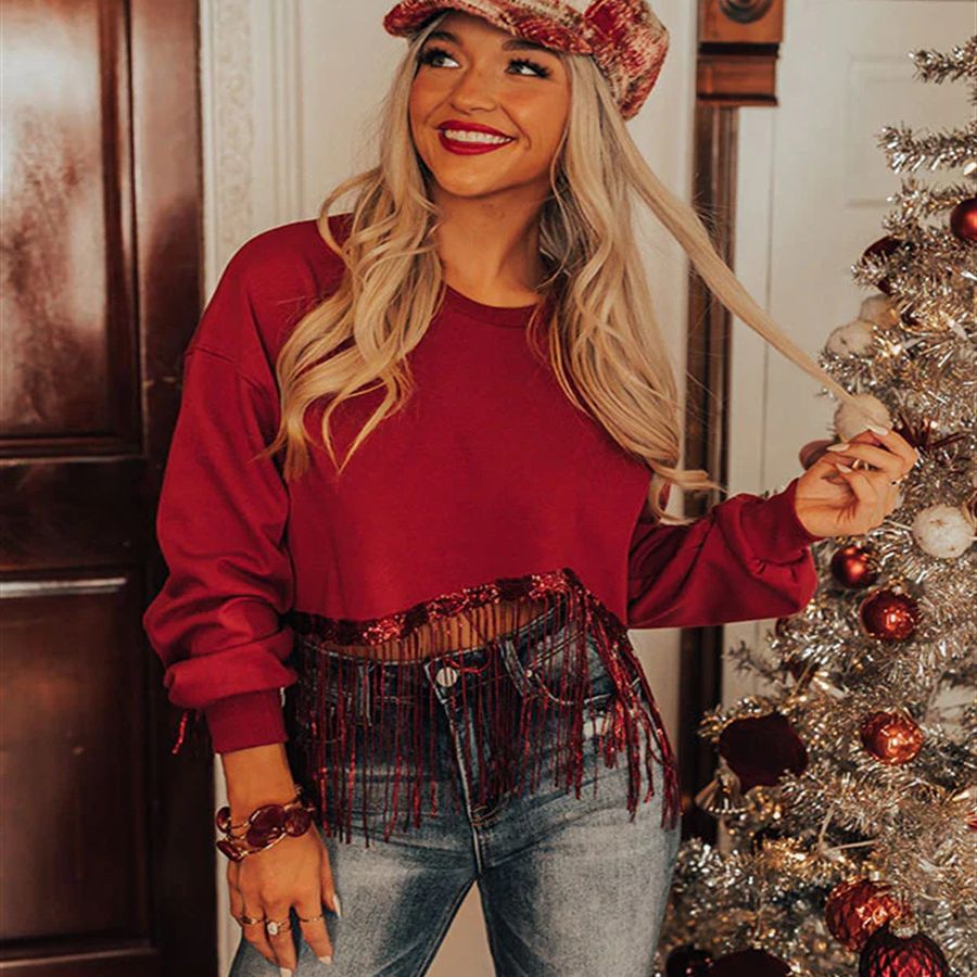 New Women's Autumn Winter Christmas Round Neck Long Sleeve Fringe Solid Color Pullover Hoodie