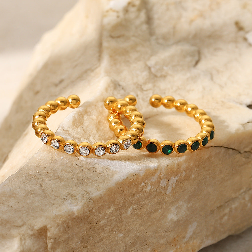 5pcs 18K Gold Plated Fine Bead White/Green Zircon Ring Jewelry Stainless Steel Open Ring For Women