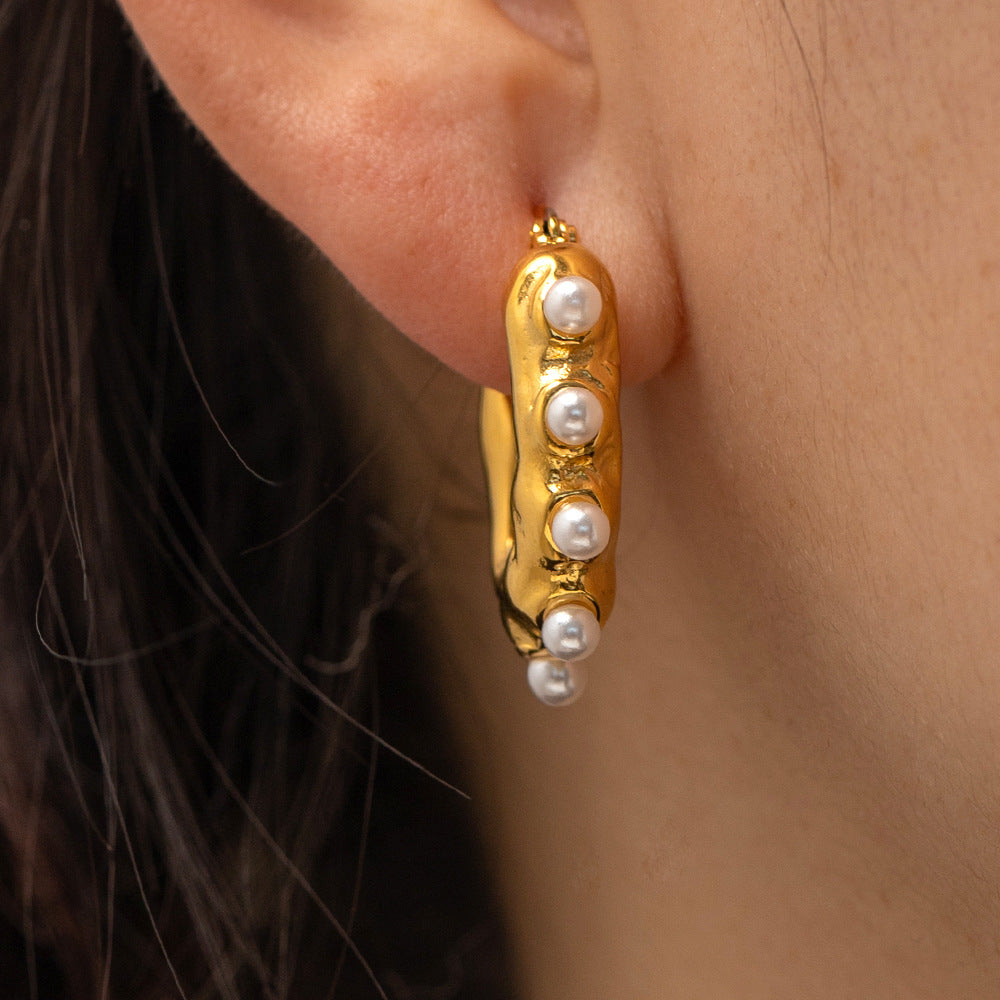 5pcs Jewelry 18K Gold Irregular Wave Texture Sense Frosted Texture Geometric Pearl Earrings