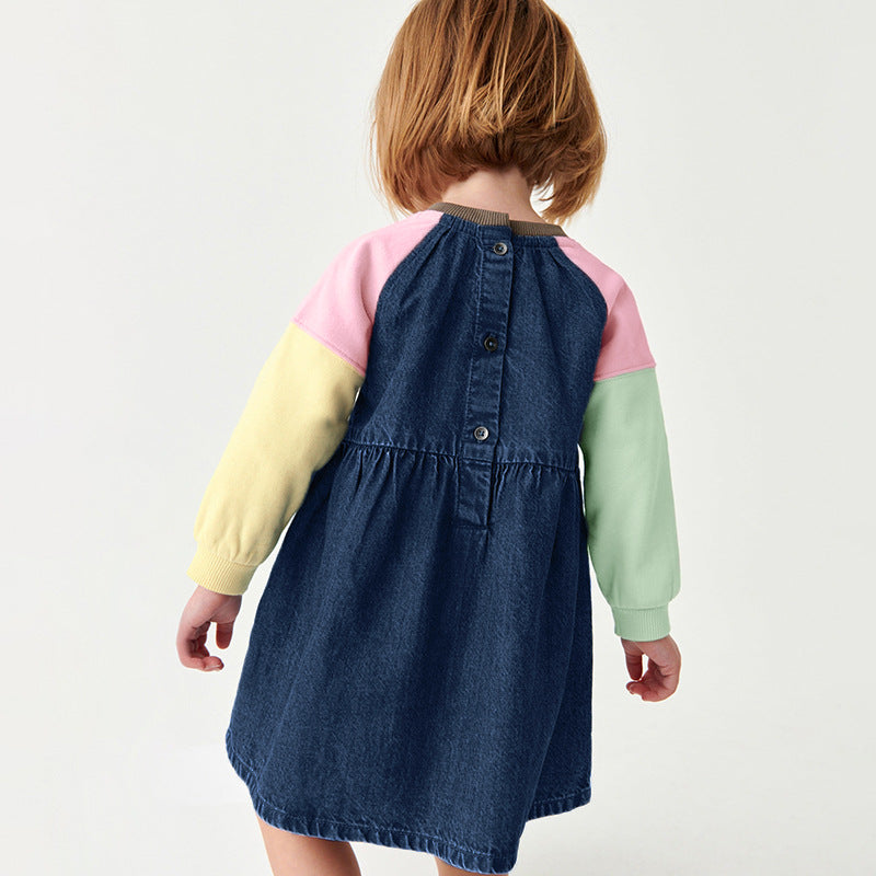 Long Sleeve Girls Denim Skirt Cute Color Matching Girls Skirt Pure Cotton Children's Skirt