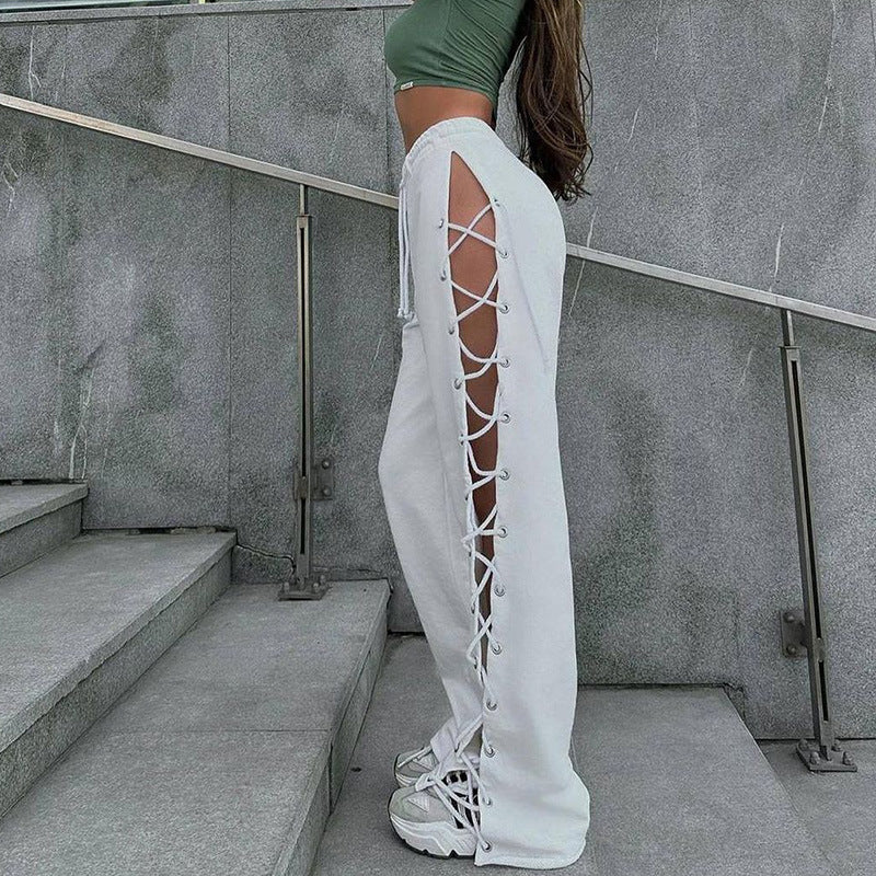 Summer Style Street All Slim Side Slit Lacing With Hollow-Out Wide-Leg Pants Women