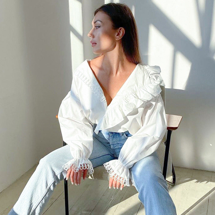 Spring Women's Shirt Sexy Deep V-Neck Wooden Ear Edge Long Sleeve Temperament Fashion Patchwork Lace Shirt