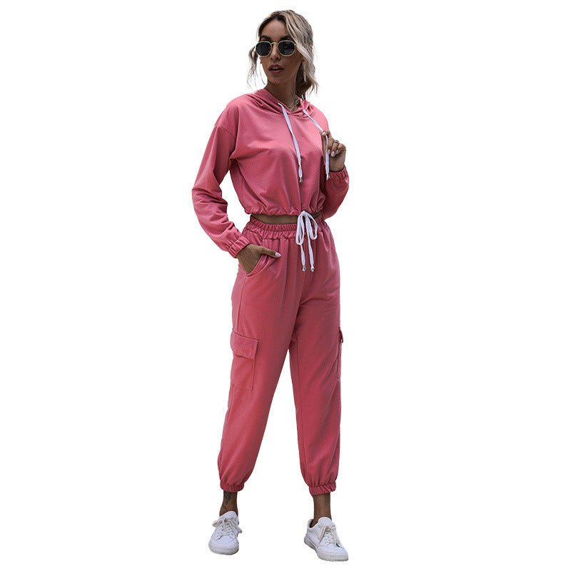 Women's Long-Sleeved Pink Crop Short Drawstring Hooded Sports Suit