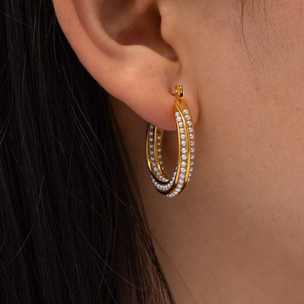 5pcs Fashion Classic Twist 18K Gold Plated Stainless Steel Set With White Pearl Earrings All-Match Earrings