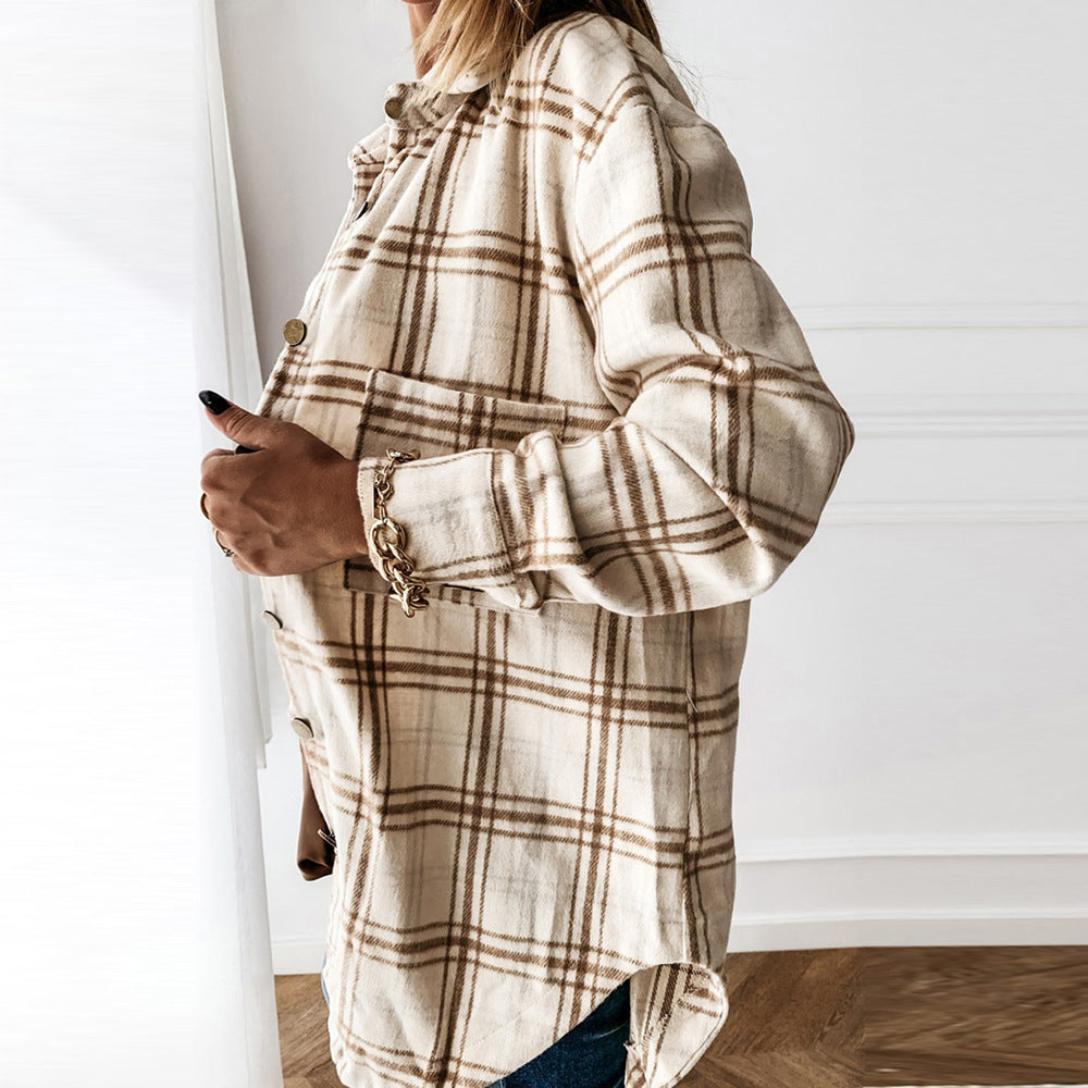 Casual Mid-Length Plaid Jacket Women's Loose Cardigan Lapel Shirt