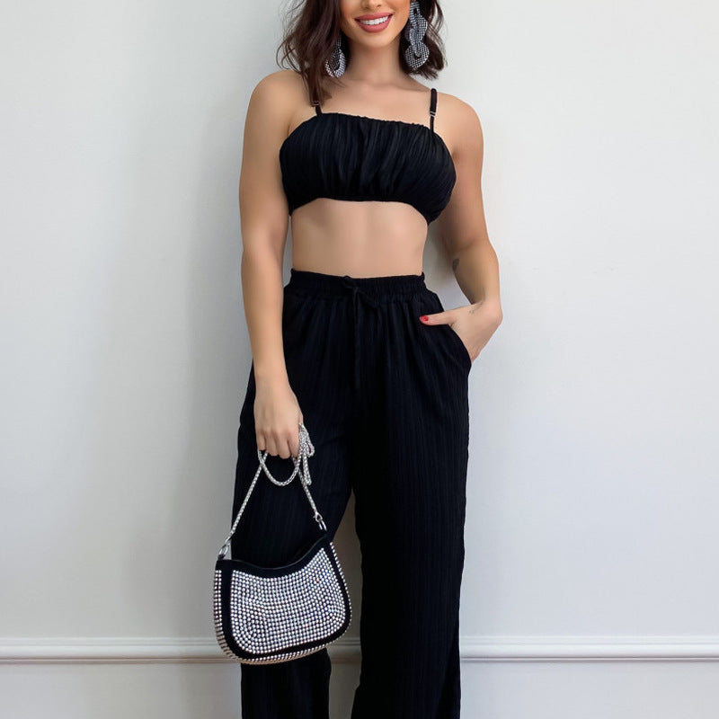 Summer Suit Women Solid Color Sleeveless Waist Sexy Pants Women's Two-Piece Set