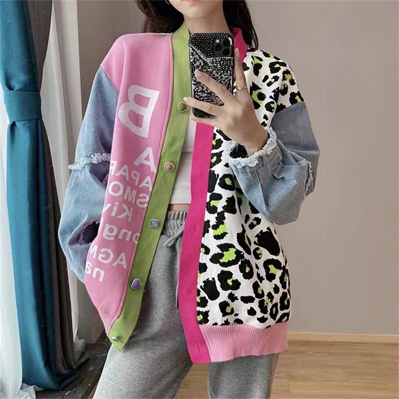 Sweater Girl Denim Splicing Leopard Print Jacquard Autumn And Winter New Style Color Contrast Loose Lazy Knit Cardigan Coat