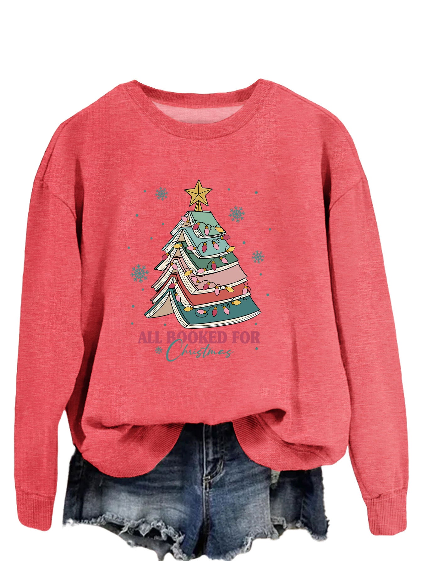 All Booked For Christmas Letters Fun Printed Casual Crew-Neck Hoodie