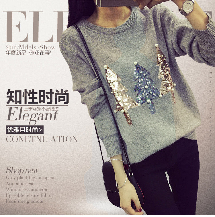 Autumn And Winter New Version Sequin Christmas Sweater Boutique Women's Knitwear Long Sleeve Base Shirt East Gate Female