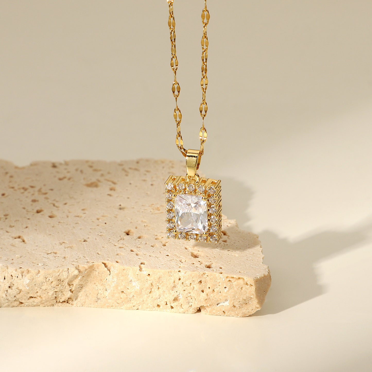 5pcs 18K Gold-Plated Stainless Steel Jewelry Hanging Square White Cubic Zircon Pendant Necklace For Women