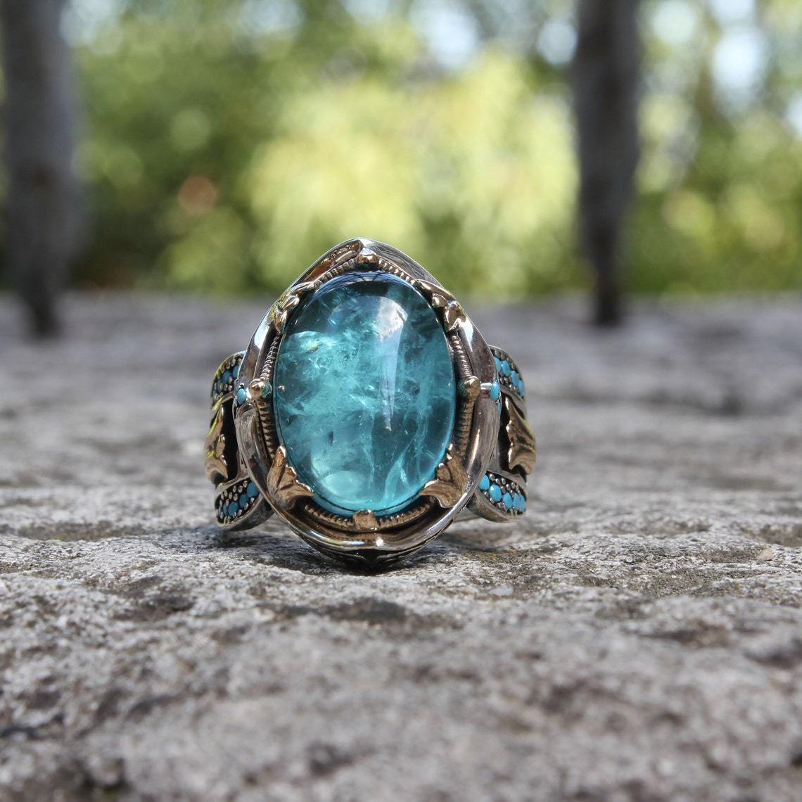 Carved Blue Gemstone Ring Two-Color Vintage Gemstone Wedding Ring