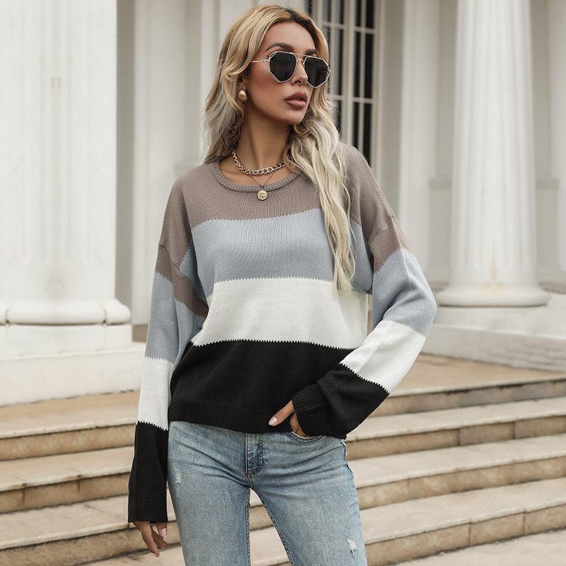 Autumn/Winter Women's Casual Long-Sleeved Color Matching Sweater