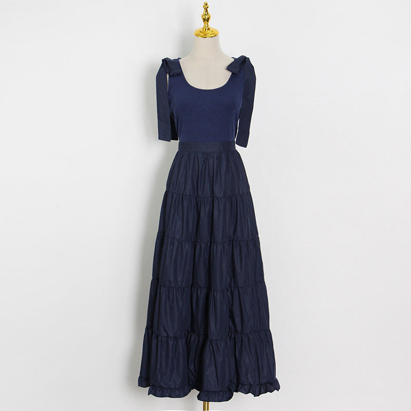 Fashion Commuter Style Spring New Bow Lace-Up Halter Solid Color Patchwork Slim Mid-Length Dress