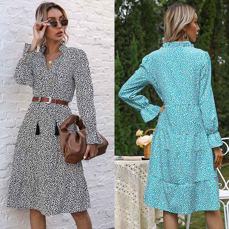 Women's Dress Fashion Print Half High Neck Leopard Print Black Dress Women