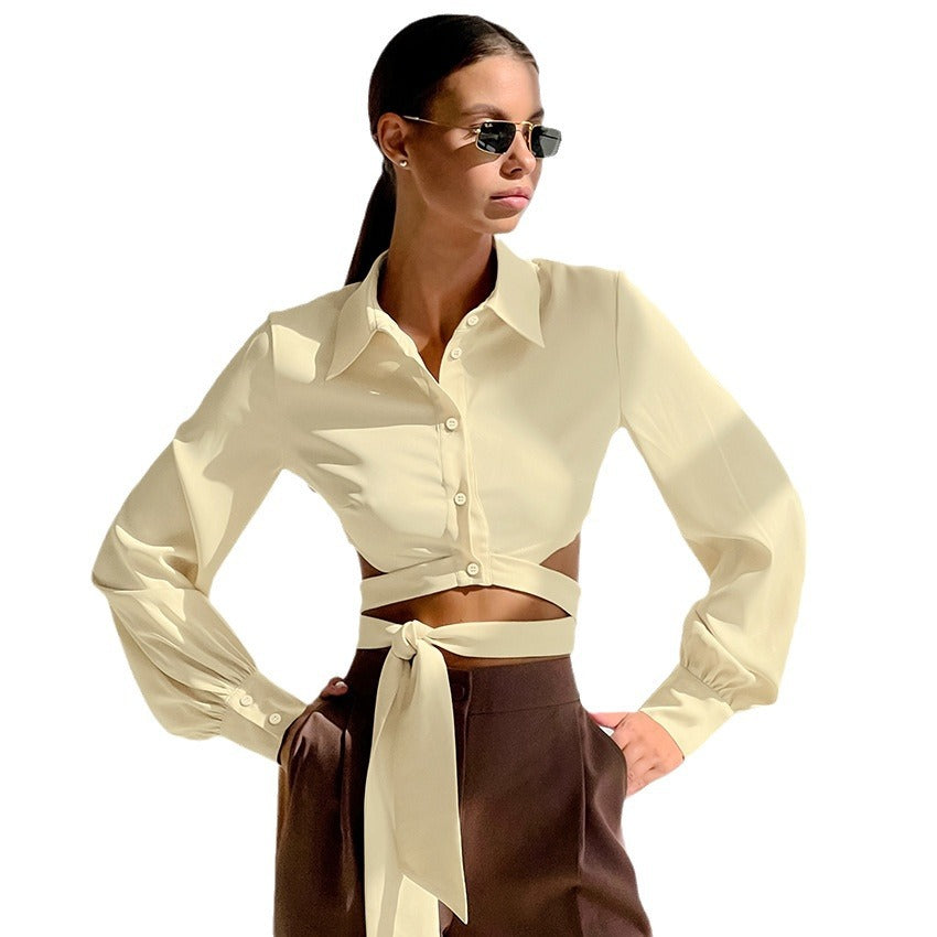 Khaki Imitation Acetate Color Butyl Lapel Short Crop Lace-Up Shirt New Autumn Fashion