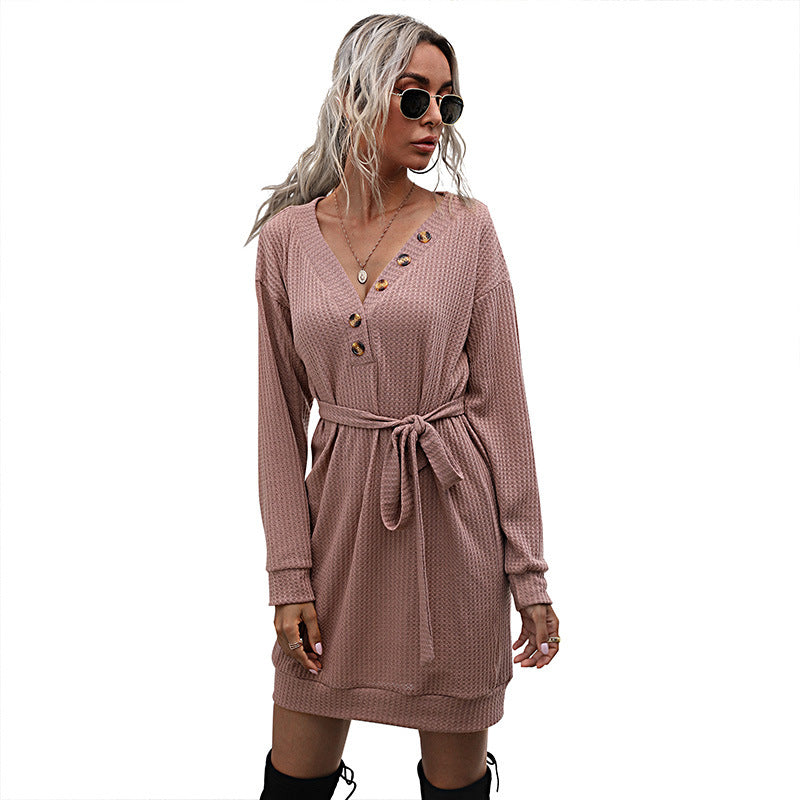Elegant Autumn: V-Neck Black Slim-Fit Long Sleeve Button Sweater Dress