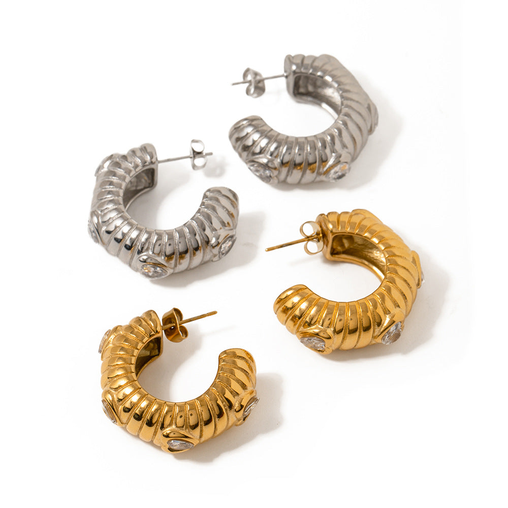 5pcs 8K Gold Stainless Steel Zircon Inlaid White Zircon Bread C-Shaped Earrings Temperament Earrings For Women