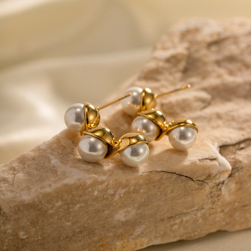 5pcs Accessories 16K Gold Plated 316L Stainless Steel Inlaid Pearl Earrings Temperament Fashion Earrings