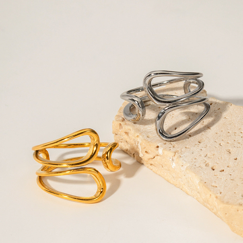 5pcs Niche Design Exaggerated Style 18K Gold Stainless Steel Advanced Staggered Sense Open Ring Does Not Fade Jewelry