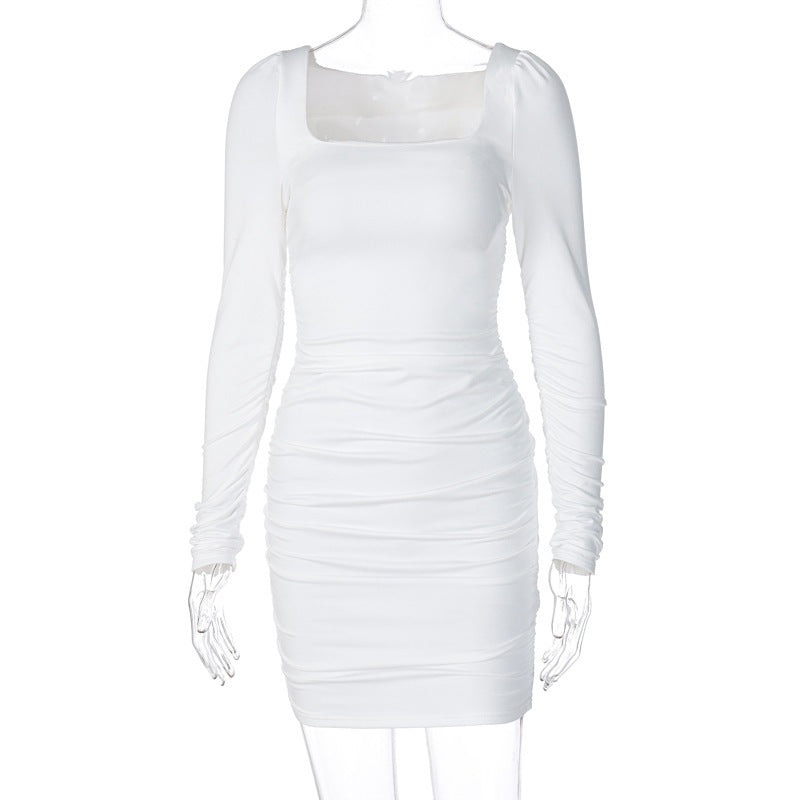 Station Elegant Intellectual Temperament Slim-Fit Pleated Dress Long-Sleeved One-Line Collar Close-Bottomed Skirt