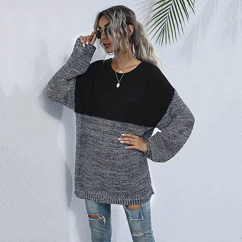 Color Contrast Round Neck Long Sleeve Knitted Sweater - Women's Medium-Length Fashion