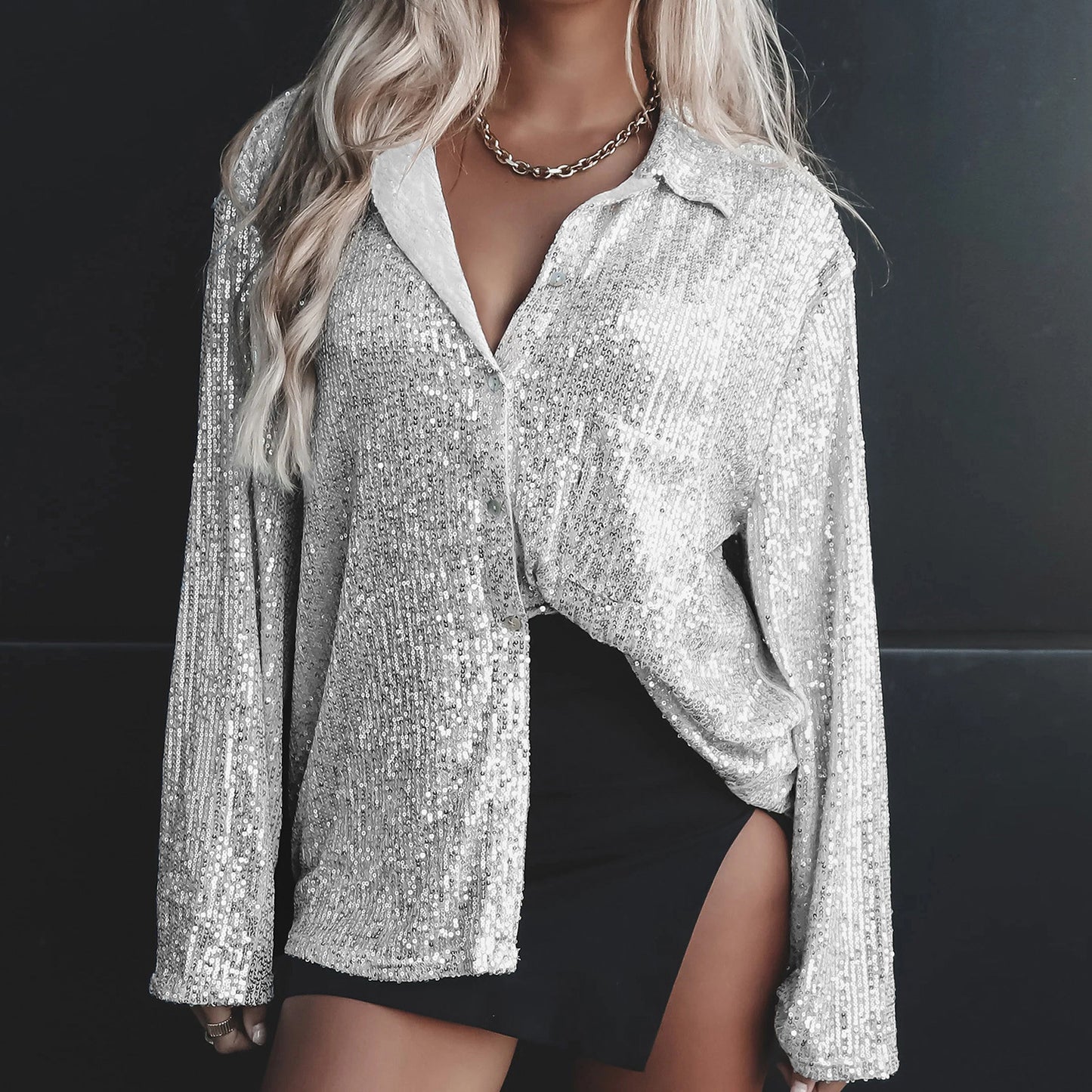 Autumn Beaded Shirt Sexy Women Spice Girls Solid Color Button Up Top Long Sleeve Sequin Cardigan
