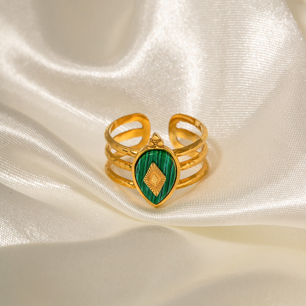 5pcs 18K Gold Plated Stainless Steel Design Natural Malachite Ring Women Do Not Fade Jewelry