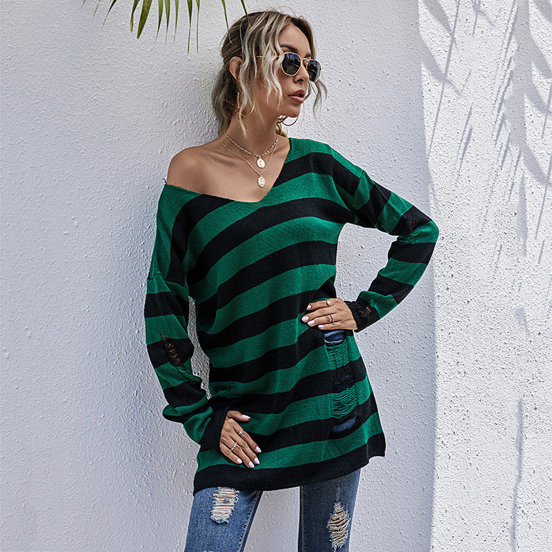 V-Neck Striped Knit Bottom Sweater Female Autumn