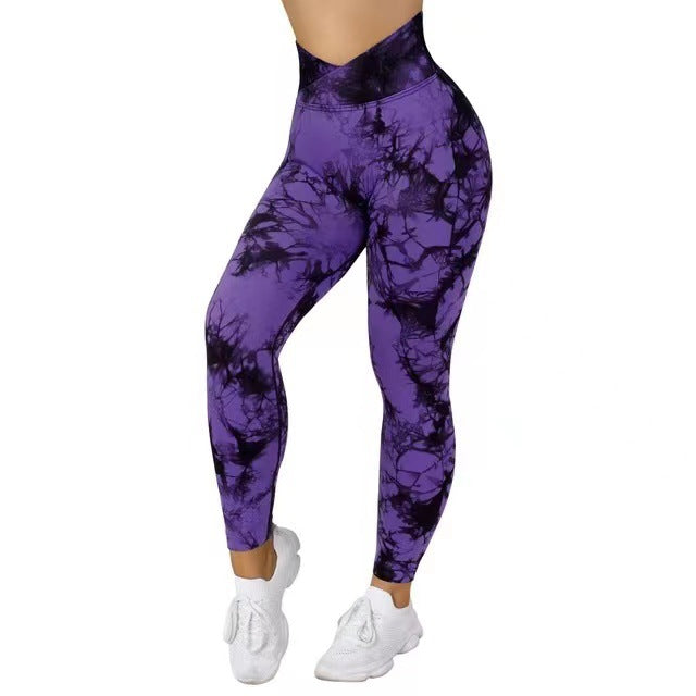 Cross Waist Tie-Dye Seamless Knit Tight Hip Lift Yoga Pants Women's Peach Hip Fitness