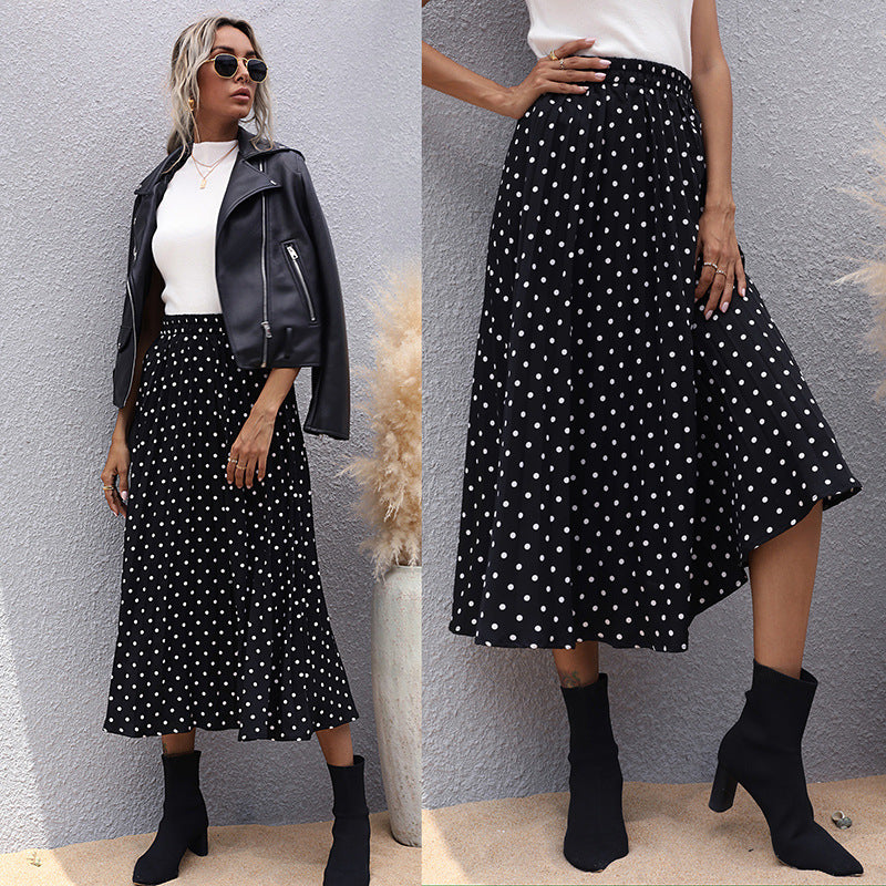 New Pleated Skirt Slimming Mid-Length Polka Dot Black Skirt