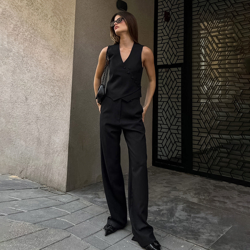 Commuter Apricot Cotton Vest Vest Vest Broadleg Pants Two-Piece Women's Summer Deconstruction Design Sense Suit