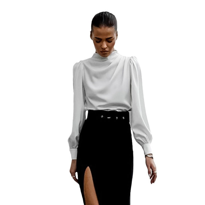 White Thin Soft Matte Color Ding High Neck Pleated Temperament Shirt New Autumn Fashion Women's Wear