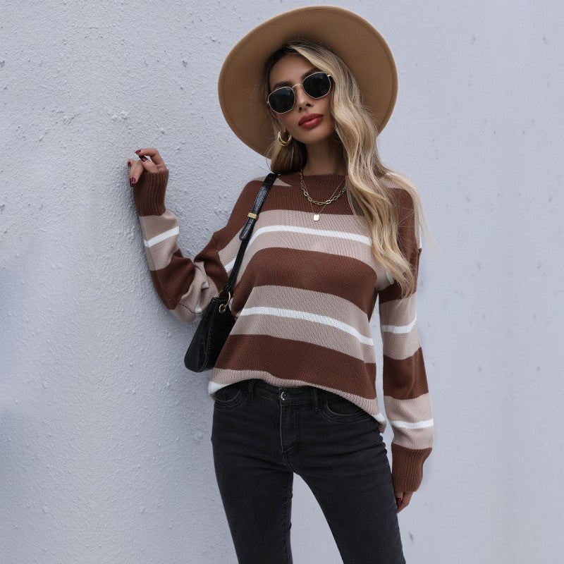 Fashion Women's Autumn Casual Loose Long-Sleeved Striped Sweater