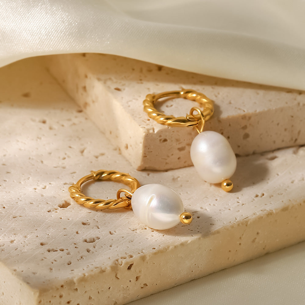 5pcs Light Pearl Twist Ring Earrings Stainless Steel 18Kpvd Gold Plated High Quality Jewelry Pendant Earrings Jewelry Women