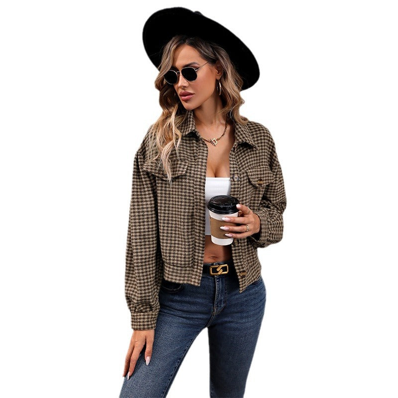 Autumn Casual Jacket Autumn Plaid Short Coat New Lapel Long-Sleeved Top