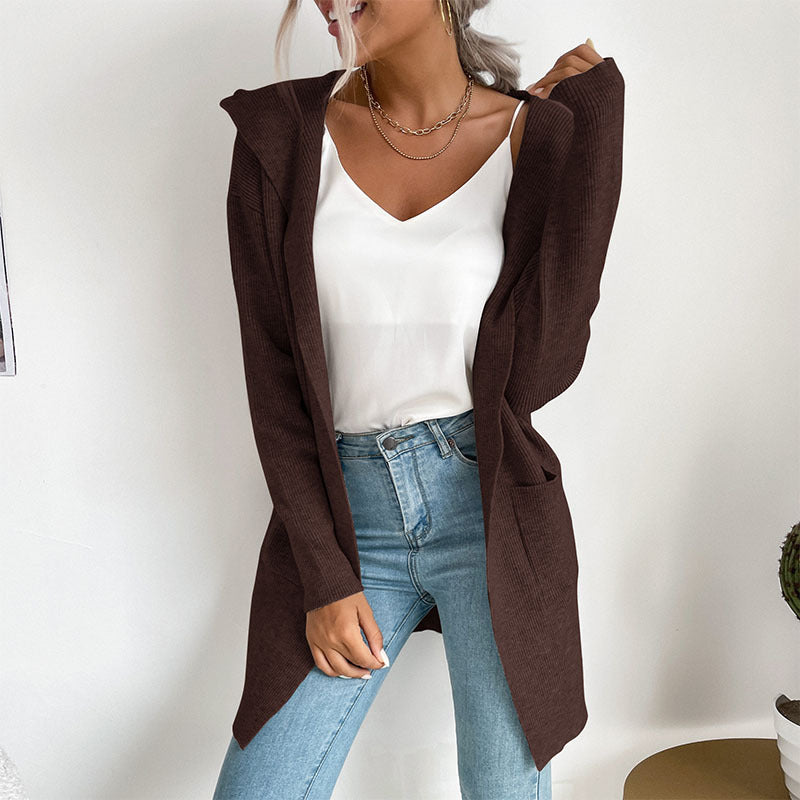 Autumn and Winter Women's Hooded Knitted Sweater Cardigan Coat
