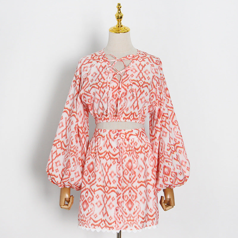 Autumn New Women's V-Neck Lace-Up Long-Sleeved Short Shirt + Split Skirt Two-Piece Set