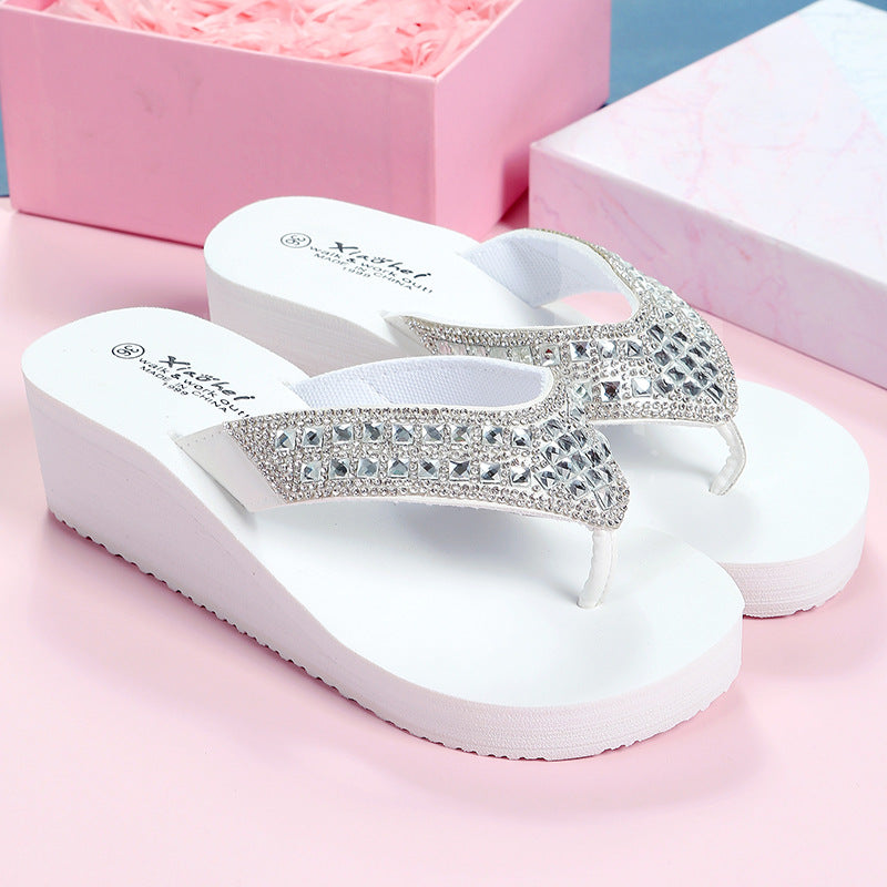 Women's Summer Diamond Sandals Women's Slippers Wear Stylish Slippers Outside The Beach Sandals Wedge Heels Breathable Flip Flops