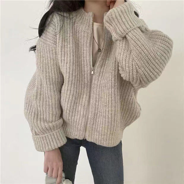 South Korea Autumn And Winter New Retro Lazy Loose Zipper Twist Sweater Coat Female Thick Line Knitted Cardigan