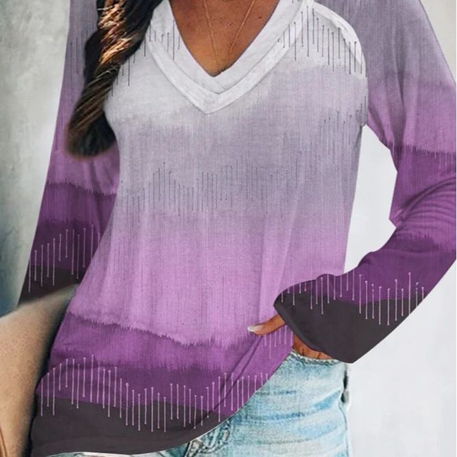 Autumn And Winter Women's Tie Dye Gradual Print V-Neck Long Sleeve T-Shirt Woman