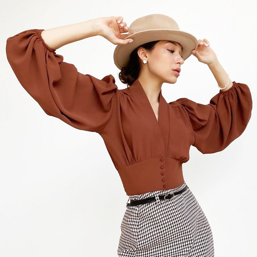 Autumn New V-Neck Women's Shirt Court Style Lantern Sleeve Slim Long-Sleeved Shirt