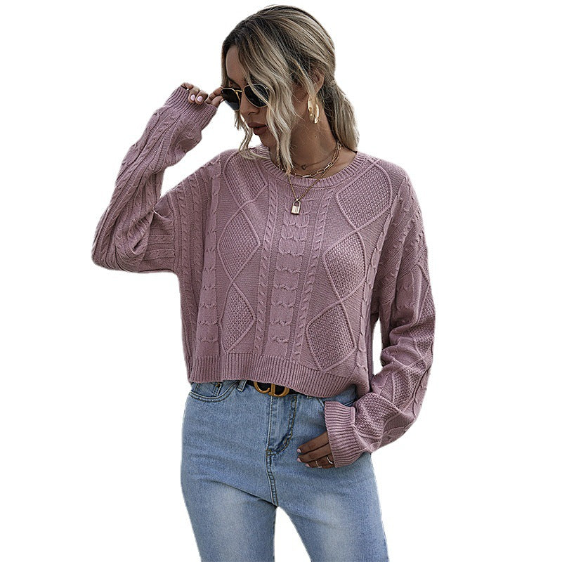 Solid Color Knitted Long Sleeve Twist Sen Short Bottom Sweater