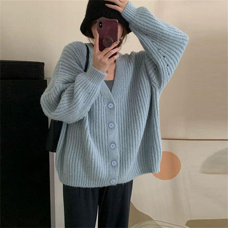 Autumn And Winter New Loose Thick Thin Knit Cardigan Women Thick Needle Large Size Women's Long Sleeve Soft Waxy Sweater Women's Coat