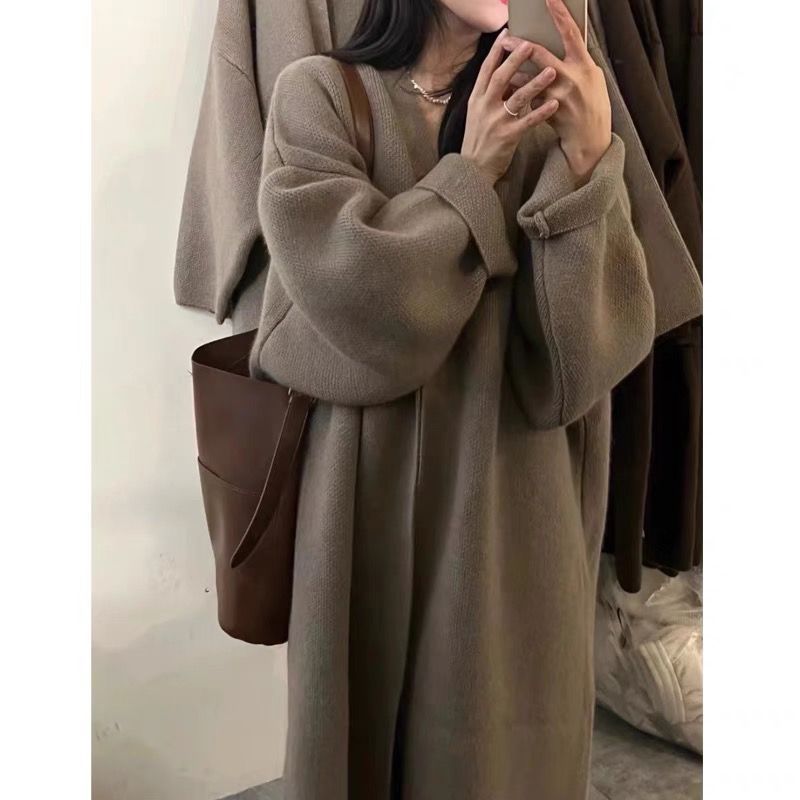 Over The Knee Long Sweater Coat Autumn And Winter Loose And Thick Lazy Wind Gentle Temperament Milk Knit Cardigan Woman